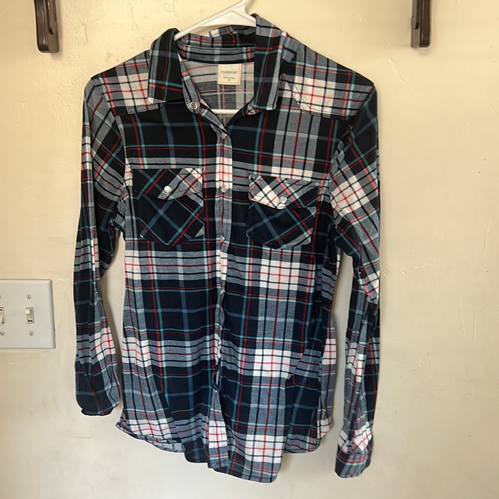 PASSPORT flannel, colors: blue, white, red, and light blue